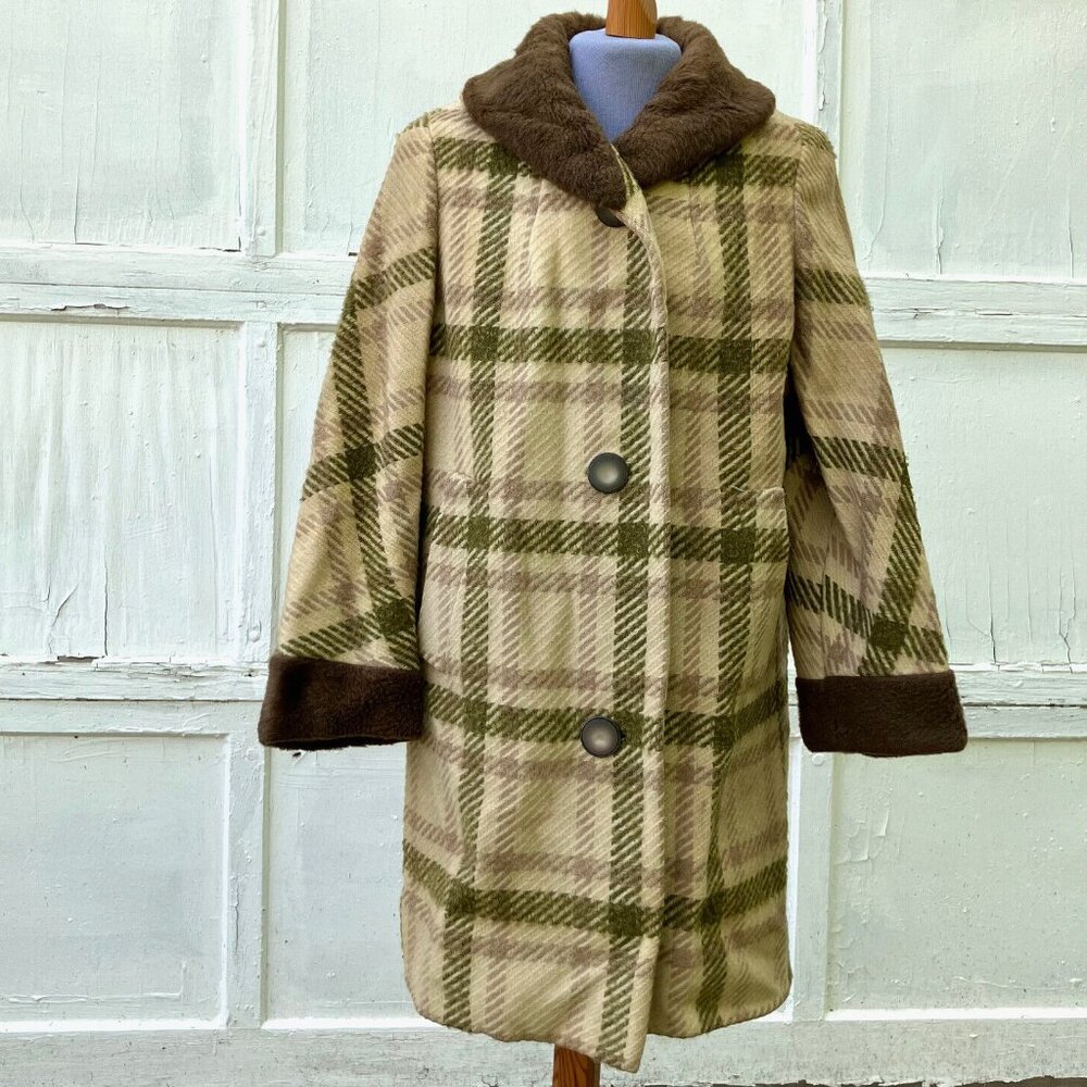 Samuel Mintz Plaid Wool Coat with Faux Fur Collar Vintage 1950s *As-Is Flaws